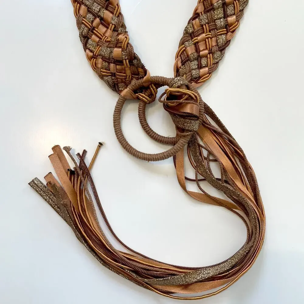 Vintage Boho Tassel Braided Belt 80s Woven Double Ring Fringe Earthy Festival